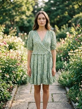Easel Los Angeles Women's Green Floral Faux Wrap Knee Length Boho Dress Size S